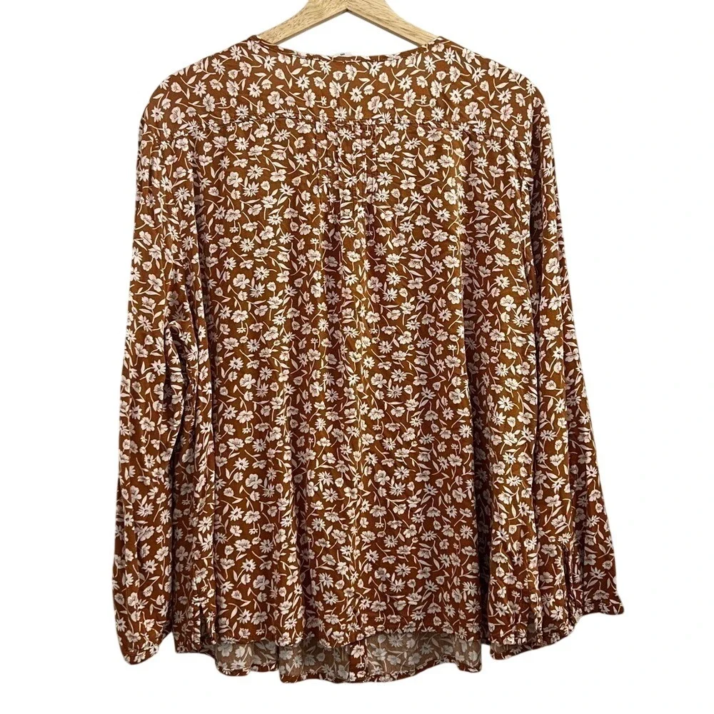 Old Navy Womens XXL Rust Brown Floral Daisy Button Down Long Sleeve Rayon Blouse - Picture 4 of 4